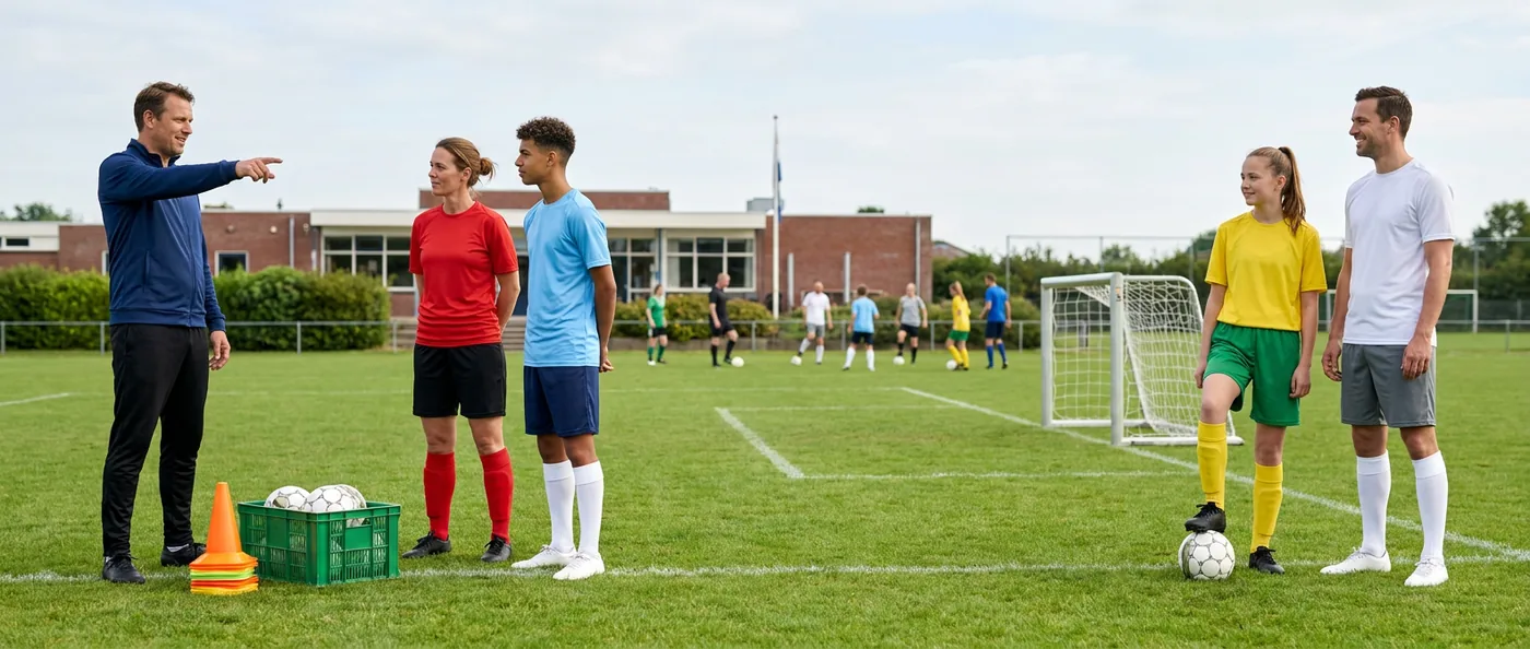 Een training op het clubveld: de trainer wijst, vier spelers luisteren bij de pionnen en het krat ballen, een klein doel aan de rand van het veld