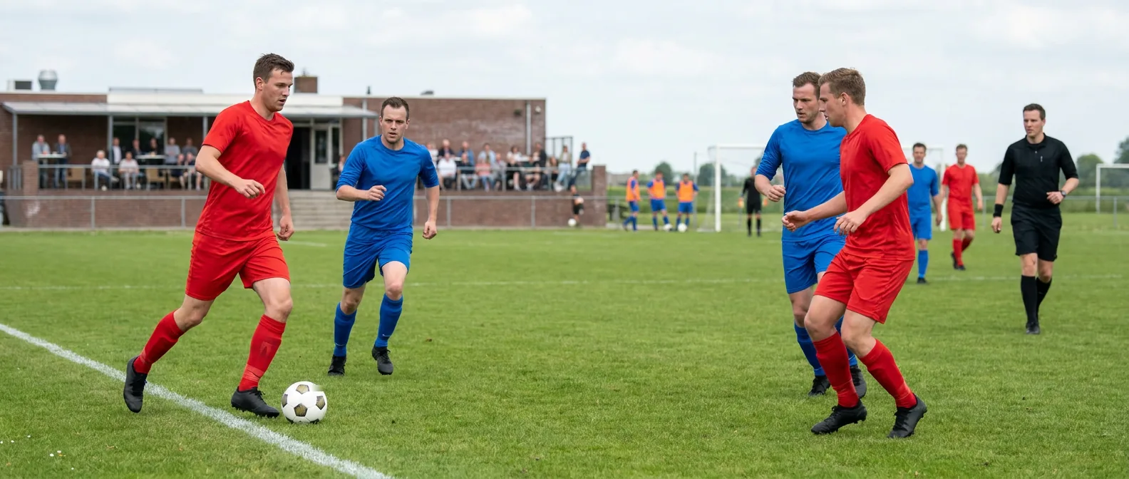 Een herenwedstrijd op het clubveld: een speler in het rood aan de bal langs de zijlijn, een verdediger in het blauw erachter, de scheidsrechter rechts en het volle terras van de kantine op de achtergrond