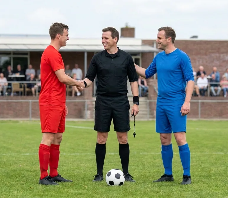Spelers en de scheidsrechter geven elkaar na de wedstrijd een hand