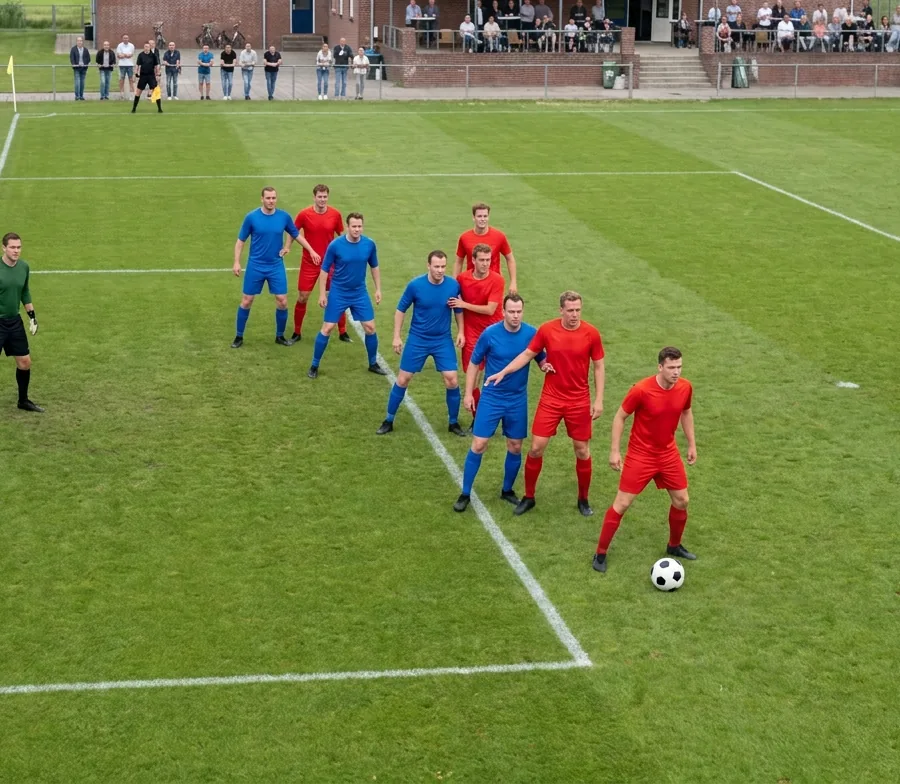 Van hoog en schuin gefilmd, zoals een tv-uitzending: twee paren spelers in het rood en het blauw markeren elkaar vlak bij het doel, de doelverdediger kijkt toe