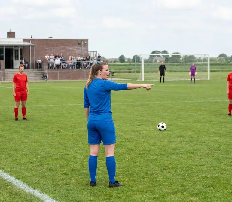 Overzicht van het veld met beide teams verspreid opgesteld; op de voorgrond wijst een verdedigster met gestrekte arm haar linie naar voren