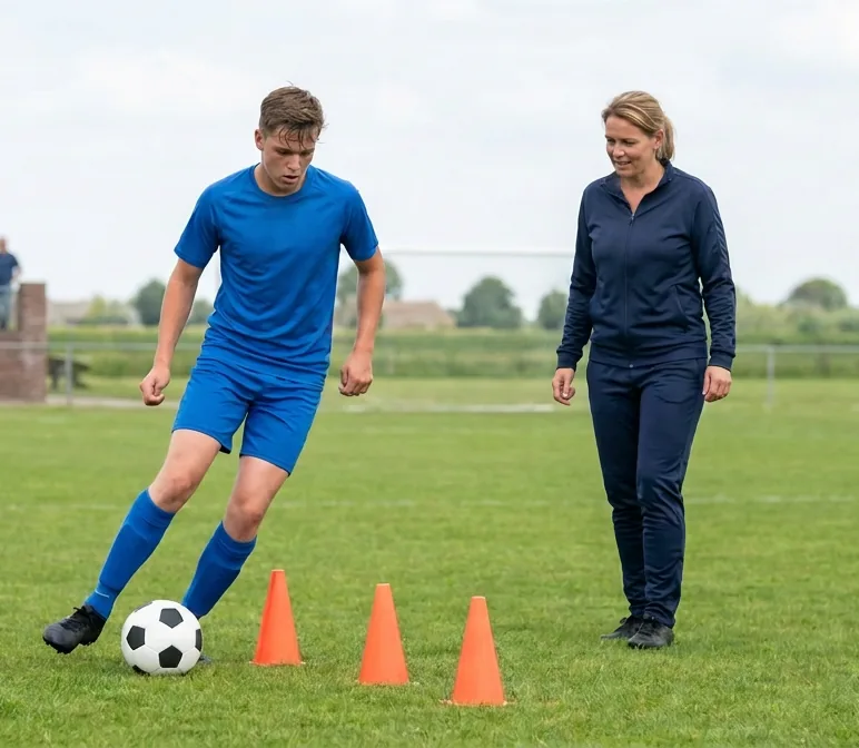 Een jonge speler dribbelt met de bal tussen een rij pionnen door terwijl de trainster meekijkt