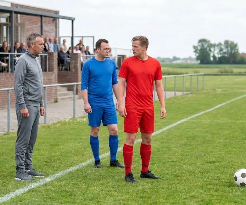 Na een diepe bal staat de aanvaller in het rood voorbij de verdediger in het blauw; de clubgrensrechter kijkt toe en achter het hek roepen twee ouders om buitenspel