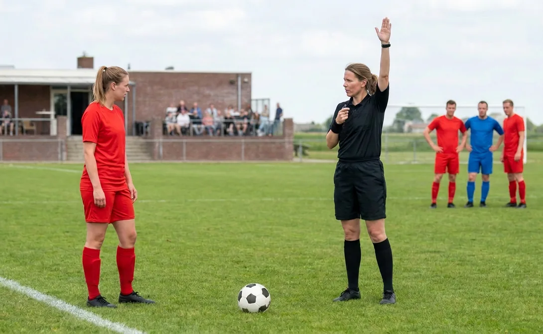 De scheidsrechter steekt een arm recht omhoog voor een indirecte vrije schop; een speler wacht bij de bal die stil op het gras ligt, met het veld erachter niet leeg