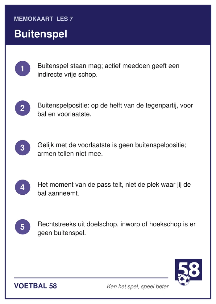Memokaart van les 7 met de vijf punten over buitenspel