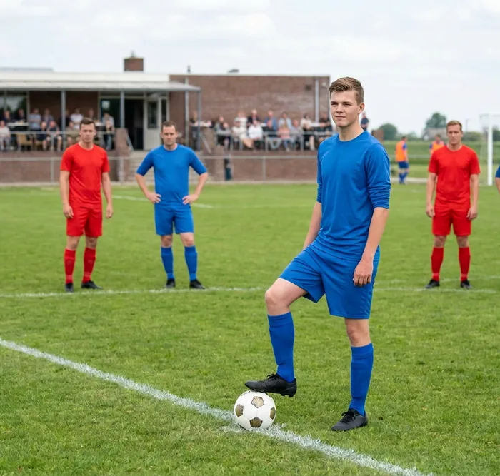 Een jonge speler staat met een voet op de bal bij de middencirkel, de wedstrijd op de achtergrond
